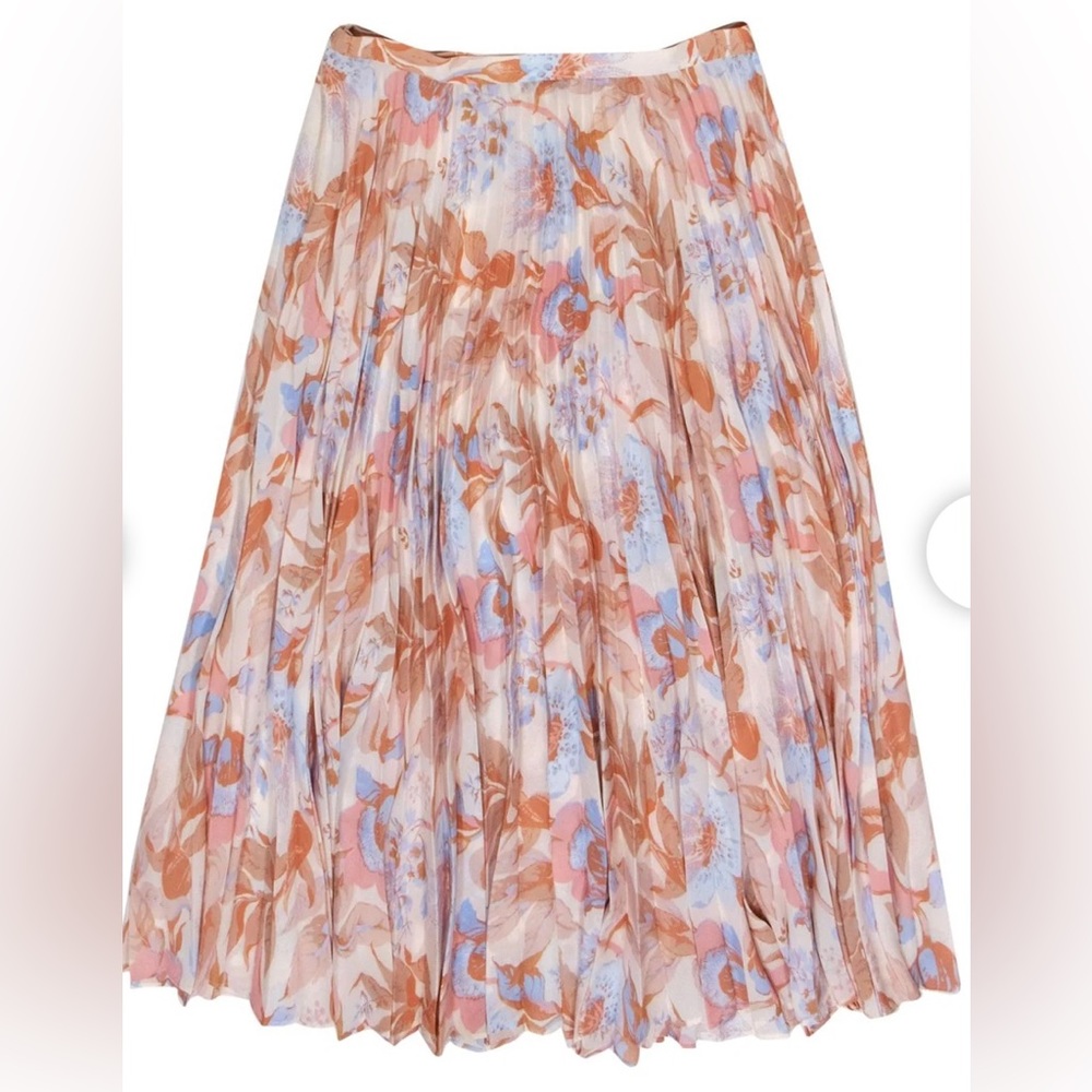 Vince Light Pink & Blue Floral Print Pleated Midi Skirt